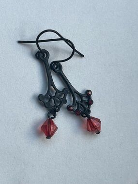 Black Filigree Earrings with Red Crystal Drops